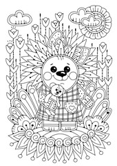 Coloring page for children and adults. A cute cartoon hedgehog with a bow holds a teddy bear in the lamas and stands in a flower meadow.