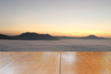 Fototapeta na wymiar shelf floor with light mist in morning sunrise on the mountain for the background.