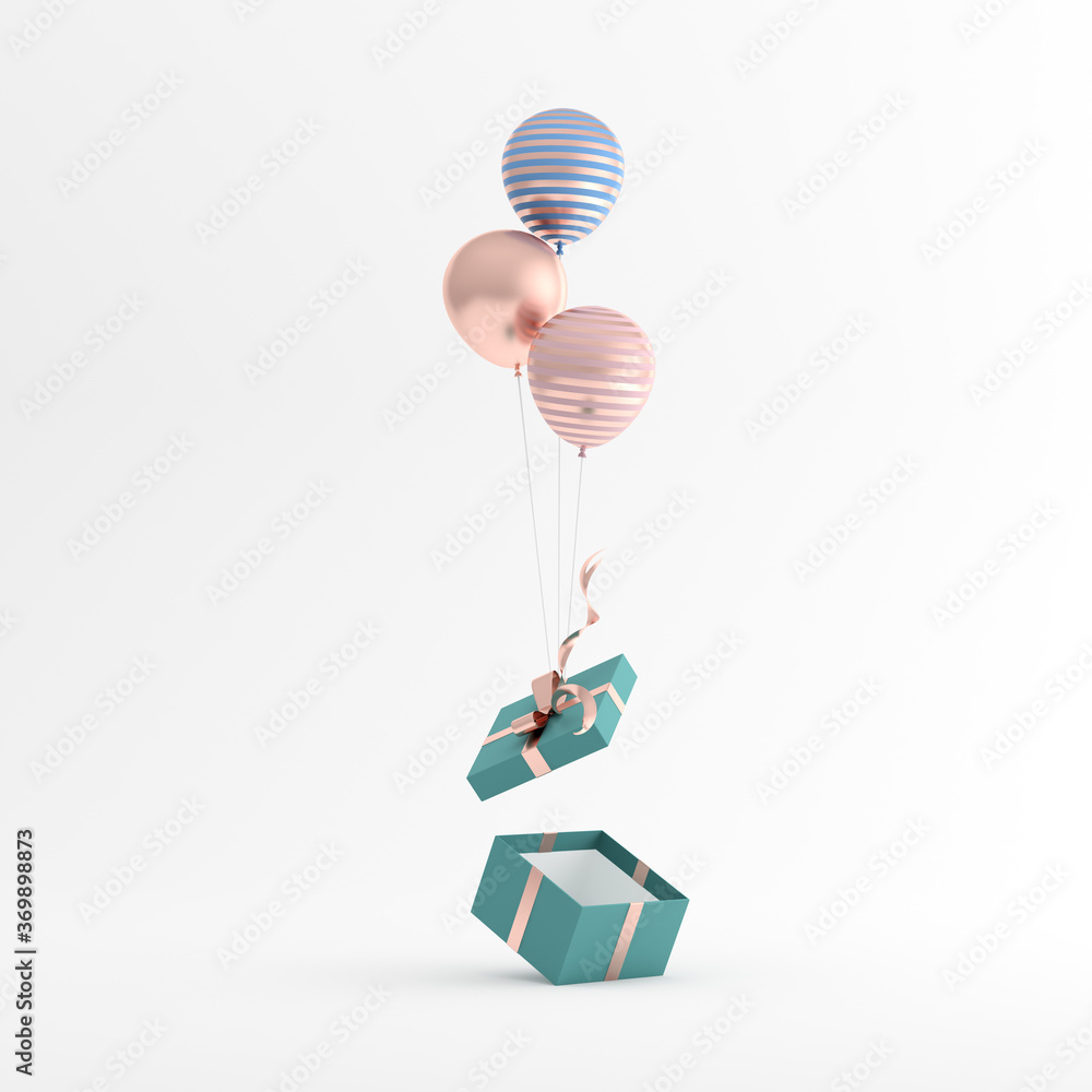 Poster mock up of gift box and balloons on white background. 3d rendering.
