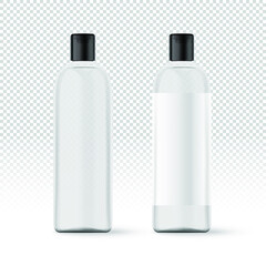 Realistic white transparent cosmetic bottles with label. Cosmetic containers and tubes for cream, shampoo, gel, balsam, conditioner, soap, ointment, toothpaste, lotion etc. Vector Illustration