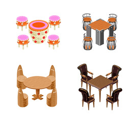Set tables and chairs isolated. Cake, barrels, wooden. Isometry. Vector illustration.