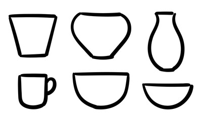 Set of hand-drawn outlines of ceramic pots and vases