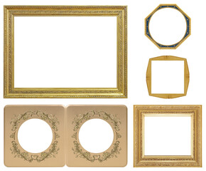 Set of golden frames for paintings, mirrors or photo isolated on white background