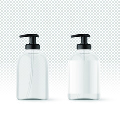 Realistic white transparent cosmetic bottles with label for soap. Cosmetic containers and tubes for cream, shampoo, gel, balsam, conditioner, soap, ointment, toothpaste, lotion. Vector Illustration