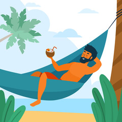 Swarthy man is relax in hammock with cocktail