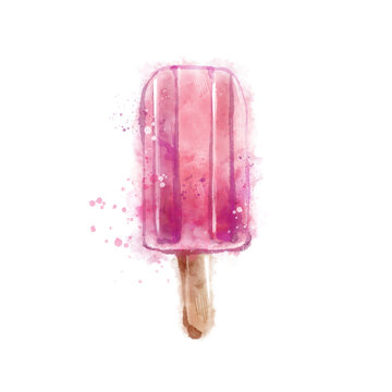 Pink Ice Cream, Sweetness, Illustration, Watercolor, Raster illustration, Isolated on white