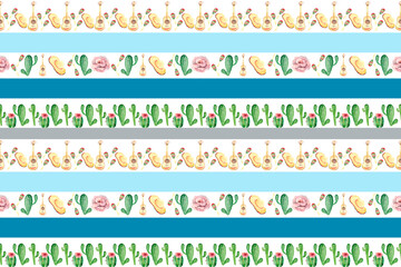Seamless stripe pattern with musical instruments cacti and a straw hat. Attributes of a music festival. Bright watercolor pattern for textiles, Wallpaper, packaging and original backgrounds.