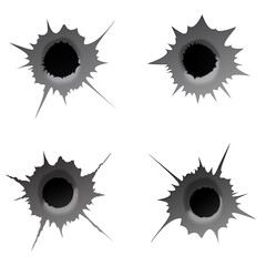 Bullet hole on white background. Set of realisic metal bullet hole, damage effect. Vector illustration.