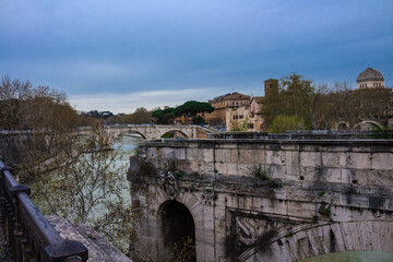 The Emiliо bridge or Ponte Rotto is the oldest stone bridge in Rome.In the background, the island of Tiberina and the river Tiber.