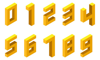 Set of yellow numbers in isometric style. Isolated on white background
