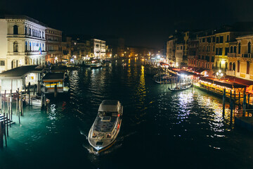 Venice Italy. Beautiful views of the Grand Canal at night. Venice night postcard.