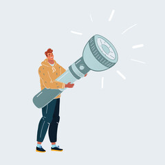 Vector illustration of man with big giant flashlight in his hands.