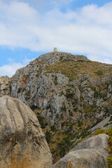 Bottom view of the old watchtower Albercutx Watchtower. Cape Formentor. Majorca. Spain.