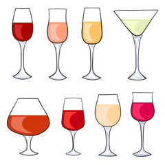 Hand drawn glasses with alcohol isolated on white for design, stock vector illustration