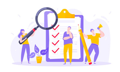 Task done business concept tiny people with megaphone, magnifying glass and pencil nearby giant clipboard checklist and check mark ticks flat style design vector illustration isolated white background - obrazy, fototapety, plakaty