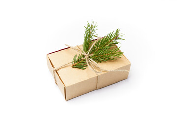 craft box with natural rope and pine tree branch isolated on white background 