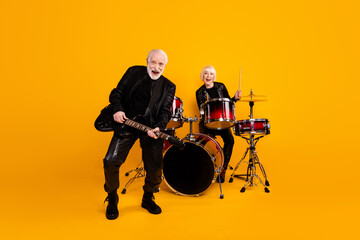 Portrait of his he her she nice attractive cheerful cheery grey-haired couple friends having fun...