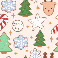Seamless pattern of Christmas and New Year cookies.Vector hand drawn illustration. Cartoon style. Flat design