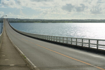 Okinawa,Japan-July 20, 2020: View of Kurima Bridge from Kurima island. Its length is almost 1 mile.
