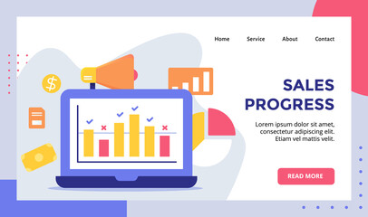 Sales progress chart on monitor display concept campaign for web website home homepage landing page template banner with flat style