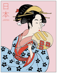 Woman wearing traditional Japanese clothes. Geisha costume. Flower pattern. Hand drawn vector illustration.