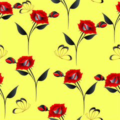 Seamless pattern with roses and butterflies.