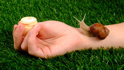 beauty, skin care cosmetics with snail mucin, moisturizer cream in hand with snail on green grass...