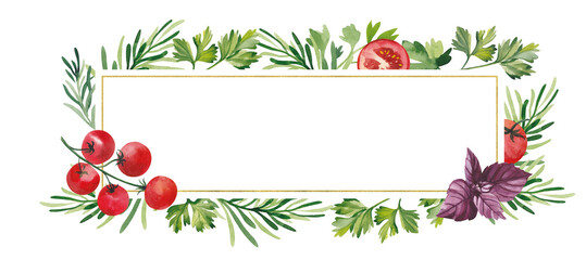 Watercolor banner with parsley, Basil, dill and tomatoes in a frame on a white background.