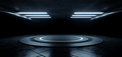 Alien Sci Fi Empty Stage Podium Circle  Concrete Cement Underground Warehouse Background Grunge Futuristic Led Blue White Glowing Lights Spaceship 3D Rendering © IM_VISUALS