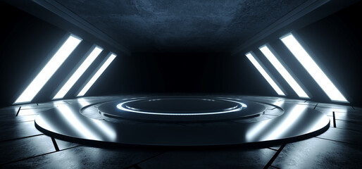 Alien Garage Sci Fi Empty Stage Podium Circle  Concrete Cement Underground Warehouse Background Grunge Futuristic Led Blue White Glowing Lights Spaceship 3D Rendering © IM_VISUALS