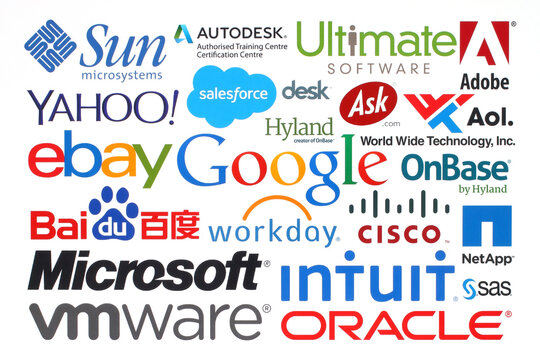 KIEV, UKRAINE - MAY 12, 2015:Collection of popular internet companies printed on paper:Google, Yahoo, Adobe, eBay, Microsoft and others on white background