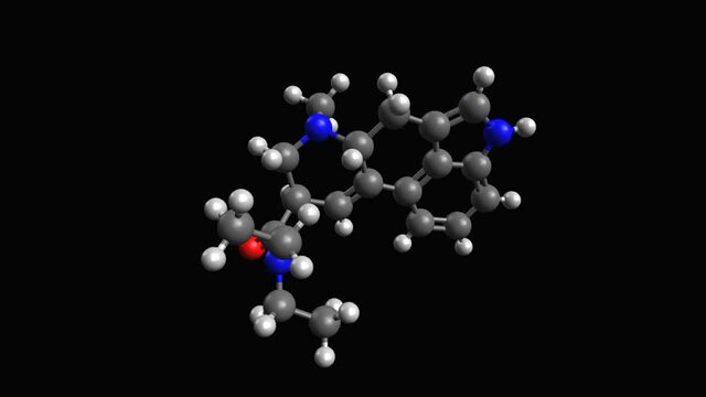 Animated 3D ball-and-stick model of lysergic acid diethylamide (LSD), a hallucinogenic drug, black background	