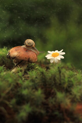 
Snail on a forest mushroom growing in moss