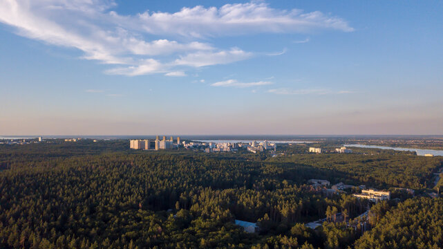 View of the city in the forest summer drone, sunny day. Ukraine, Vyshgorod