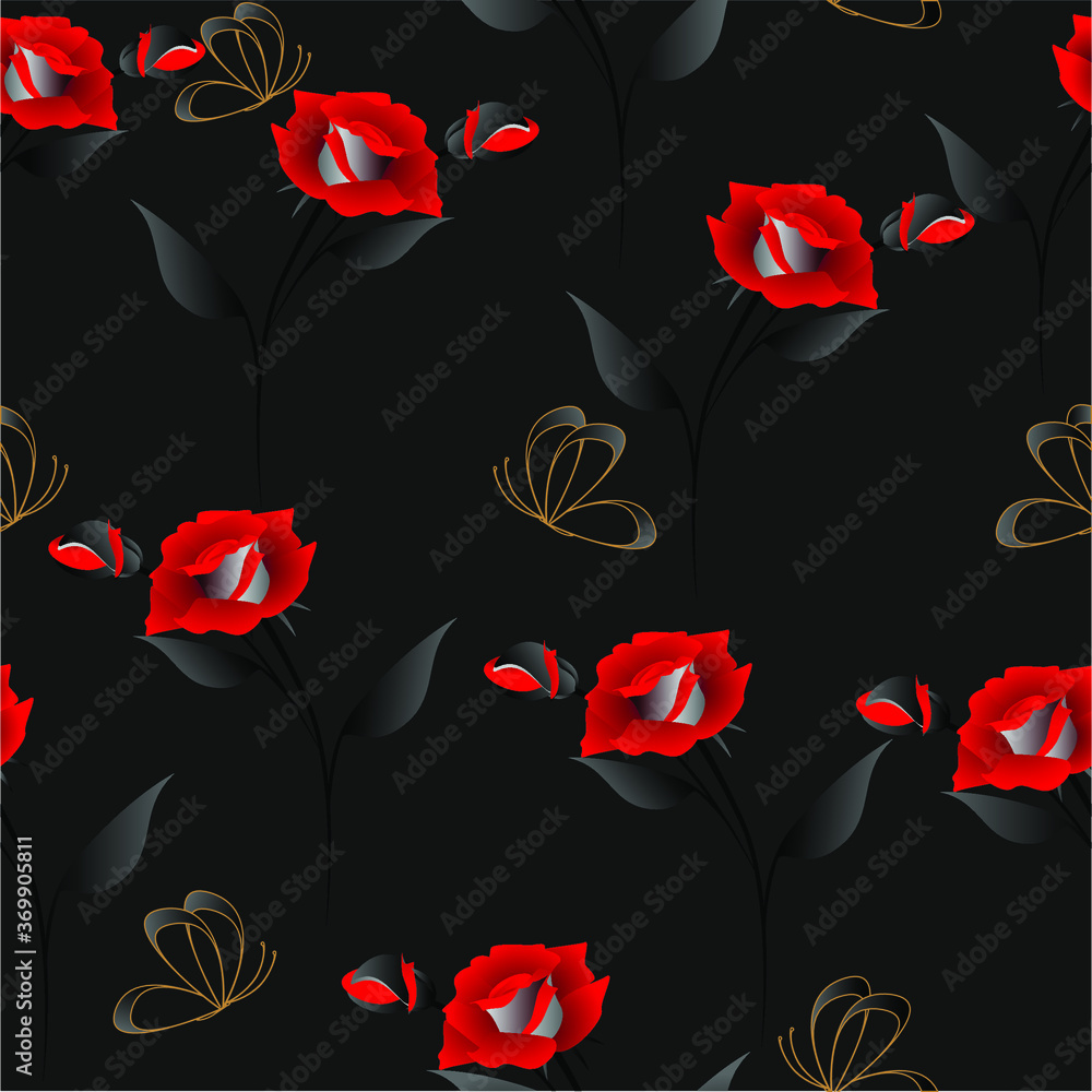 Canvas Prints seamless pattern with roses and butterflies on a black background.