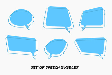 Set of 6 empty blue speech bubbles with outlines for business. Simple design in minimalism style. Eps 10 vector