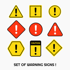 Exclamation mark, set of beware icons, pixel perfect, red and yellow colors. Eps 10 vector