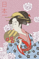 Woman wearing traditional Japanese clothes. Geisha costume. Flower pattern background. Hand drawn vector illustration.