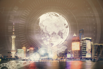 Map and data theme hologram on city view with skyscrapers background double exposure. International technology in business concept.