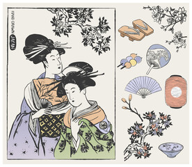 Set of Japanese design elements. Geisha Woman Illustration. Hand drawn vector illustration.