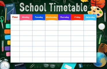 School timetable with stationery, tools and bookmarked planner vector template. Student education weekly schedule, timetable with textbook, painting palette, lab flask and chalk sketches on blackboard
