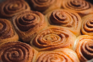 Delicious homemade raw cinnamon rolls bun dough in the rectangle shaped baking tray on the white baking paper. Top view.