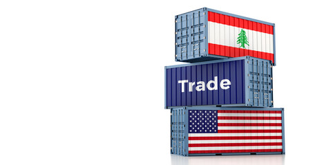 Freight container with USA and Lebanon flag. Copy space on the left side. 3D Rendering