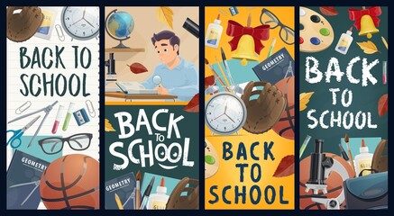 Back to school vector banners, education industry. Pupil with magnifier reading a book at desk. School blackboard and stationery, textbooks and schoolbag, sports equipment and leaves