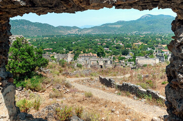 The view to the ghost town of Kayakoy in Turkey