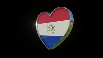Flag of the Paraguay in the shape of 3D heart. Metallic heart with glass and relief elements of the country flag. Animation with alpha channel.