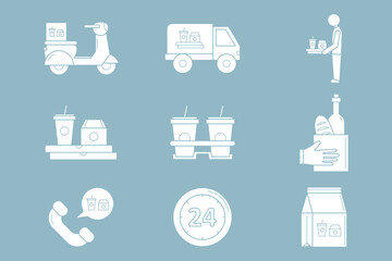 Food delivery Icons set - Vector silhouettes of courier, truck, pizza, transportation, cart, scooter and other for the site or interface