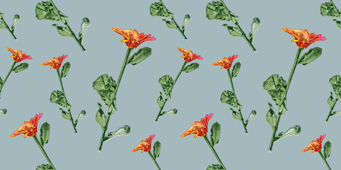 Vector seamless pattern with watercolor painted flowers, colorful background template, graphic backdrop, hand drawn illustration.