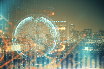 Map and data theme hologram on city view with skyscrapers background double exposure. International technology in business concept.
