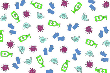 Medical protection vector icons. Vector medical illustration. Illustration pattern of medical mask, medical gloves, virus, sanitizer. Doctors illustration. Med background.